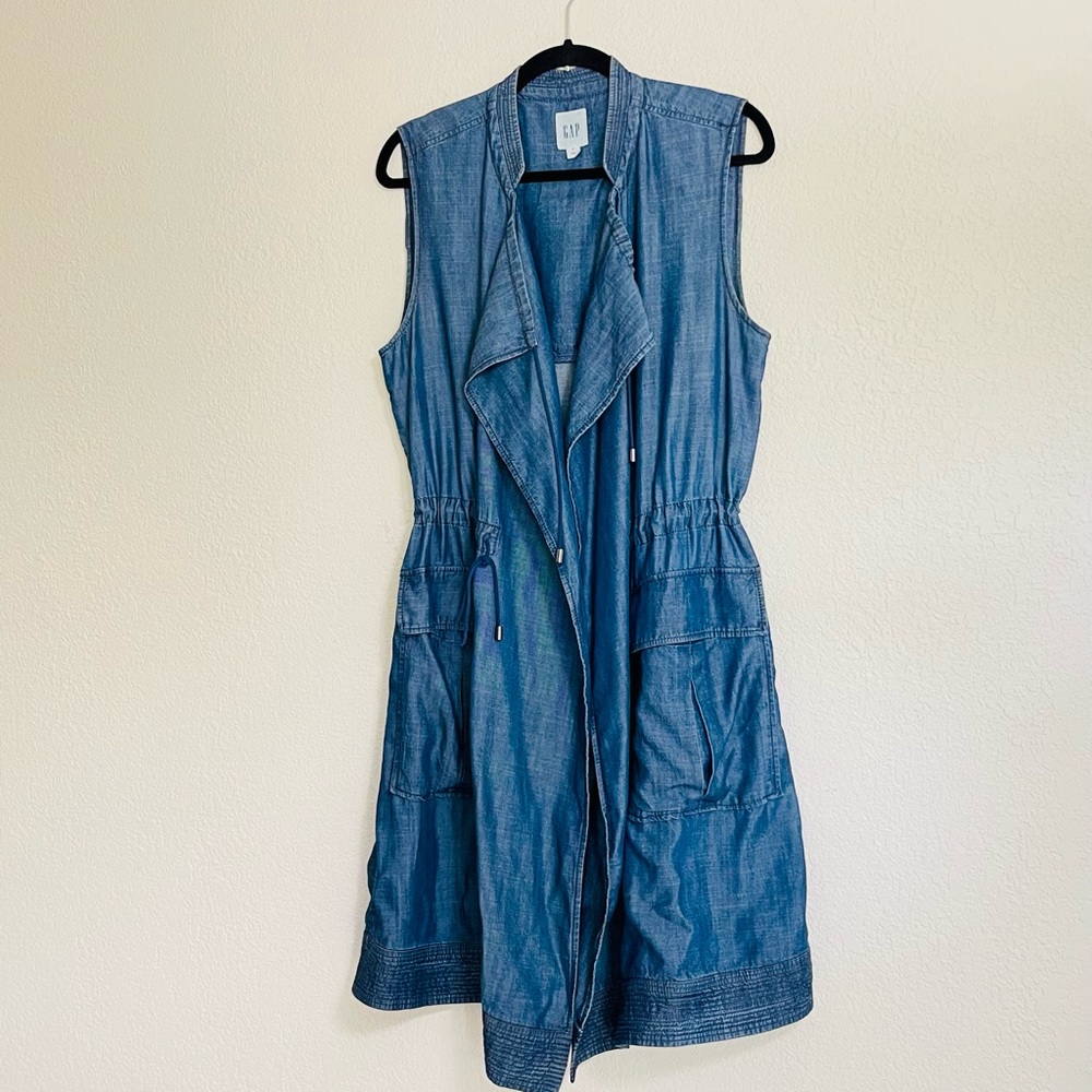 Gap Blue Chambray Vest Mid Length Tencel Anorak Pockets